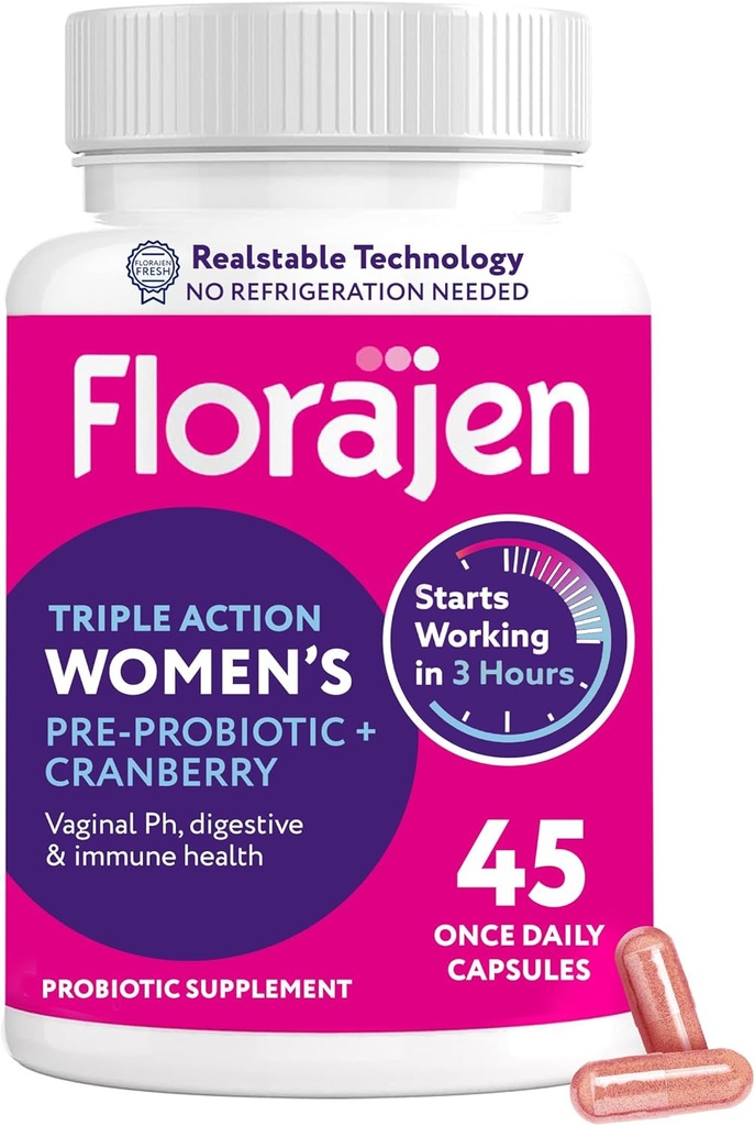 Florajen Women's Probiotic, Prebiotic och Cranberry Supplement för vaginal hälsa, immunstöd och Digestive Wellness - 30-Count