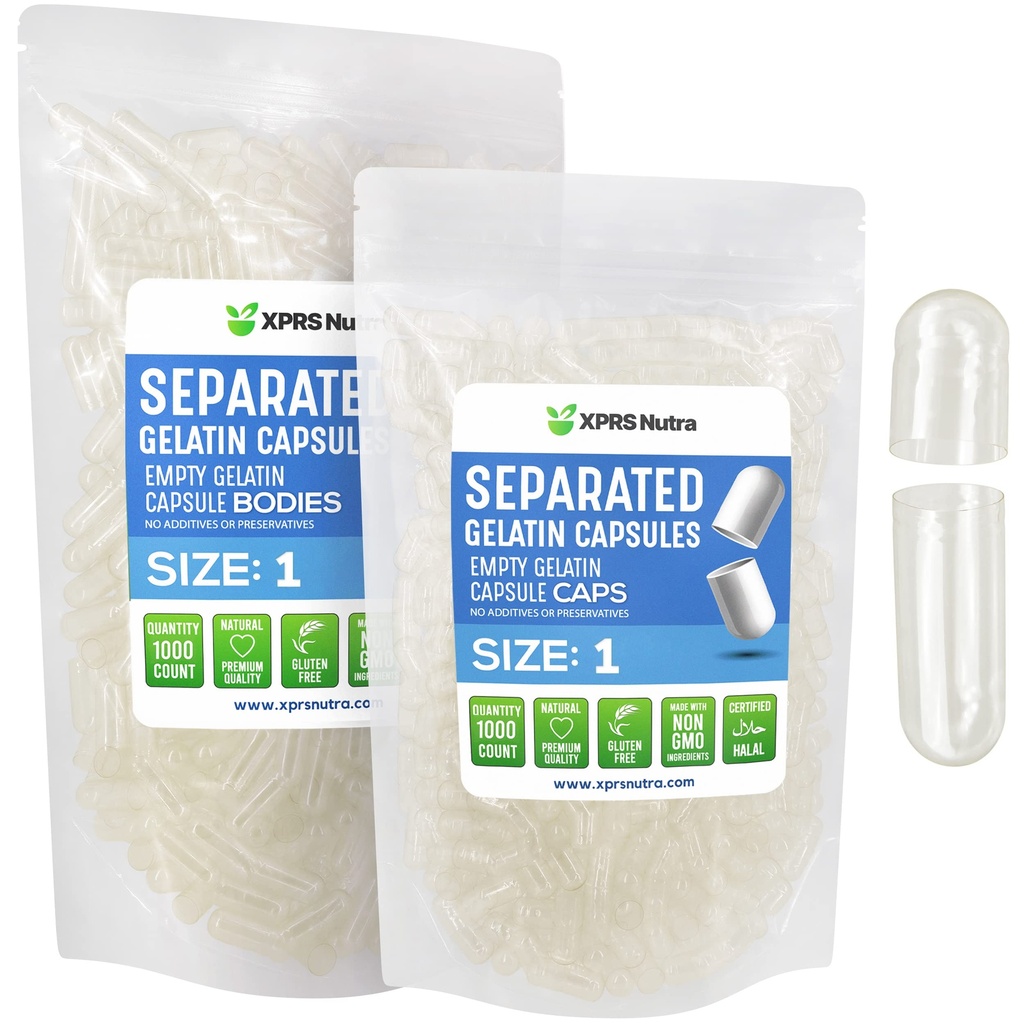 XPRS Nutra Size 1 Gelatin Separerade kapslar - 1000 greve tomma piller kapslar separerade i väskor - Tydliga tomma piller för DIY Do-It-Yourself Supplement Filling