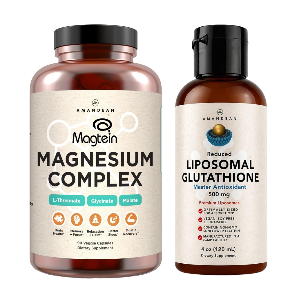 AMANDEAN Premium Liposomal Glutatione & Magnesium Complex Bundle. Antioksidantti. Nestemäinen Setria. Korkea absorptio Magnesiumtuhka, Glycinate & Malate. Aivojen ja maksan terveys. Muisti, keskittyminen ja uni