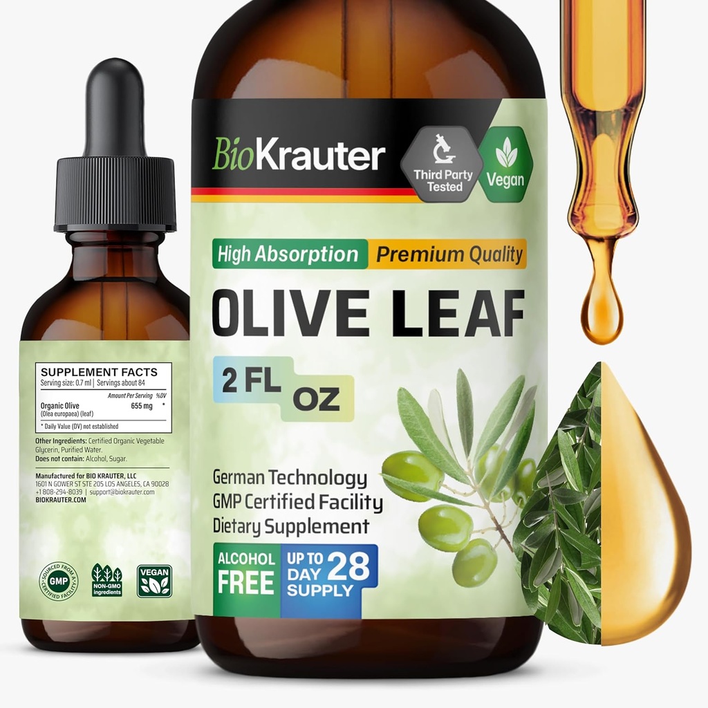 BIO KRAUTER Olive Leaf Extract Liquid - Olive Leaf Tincture for Immuunituki - Alkoholi ja sokeriton - Vegan Drops 2 Fl.Oz.