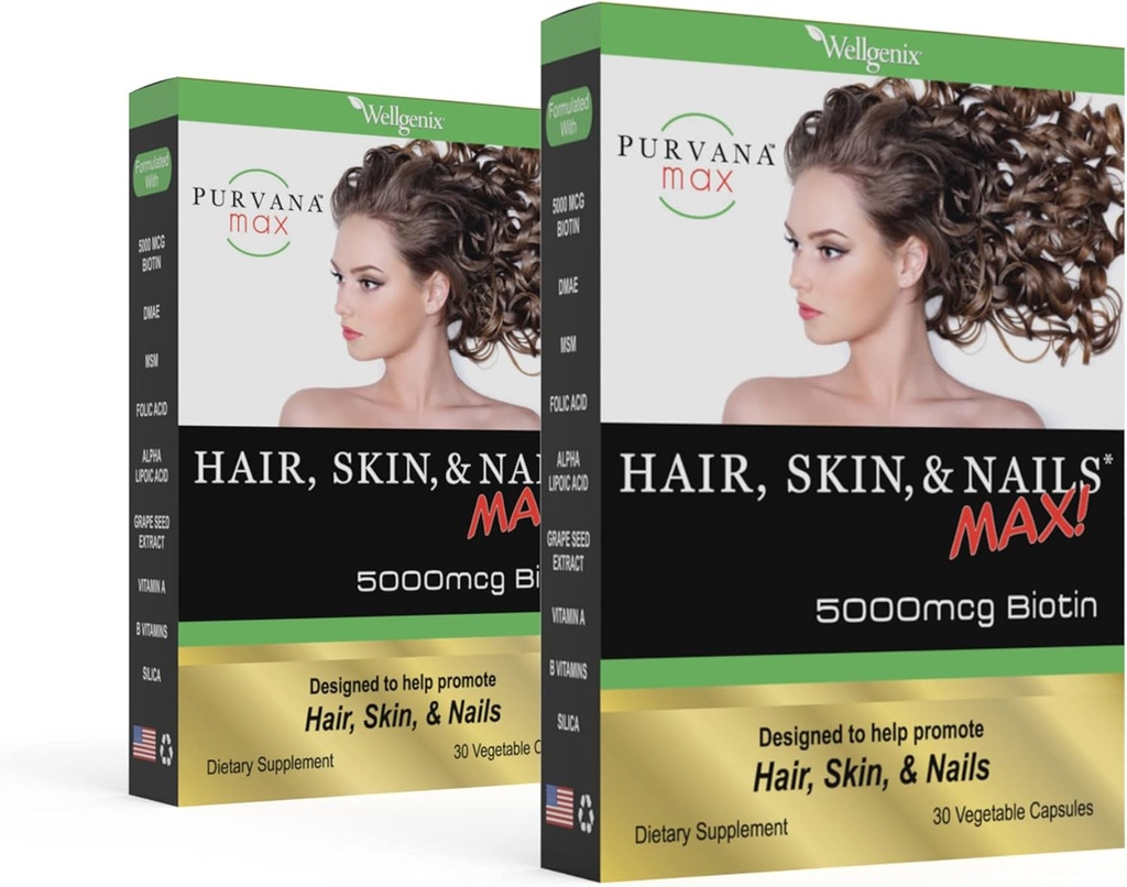 Purvana Max hiukset, iho, ja kynnet Vitamiini - 5000 mcg Biotiini, Foolihappo, DMAE, Grape Seed Extract - Yksi päivä Vegaani hiukset, iho, kynnet Tuki - Edistää Collagen tuotanto - 30 Caps (Pack of 2)
