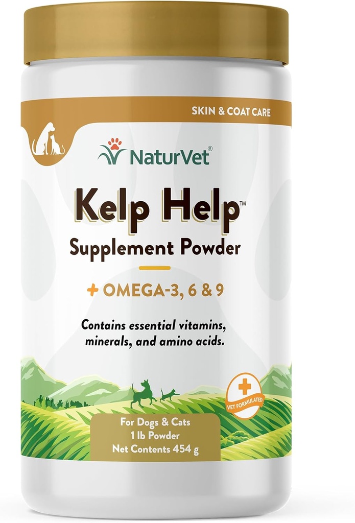 NaturVet Kelp Help Plus Omegas Skin and Coat Supplement för hundar och katter, pulver, tillverkad i USA med globalt källa ingredienser 1 pund