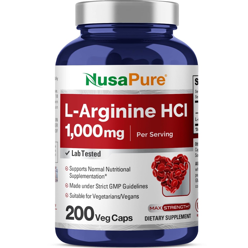 NusaPure L-arginiini 1000 mg 200 Kasviskapselit (ei-GMO, kasvissyöjä, kasvissyöjä)