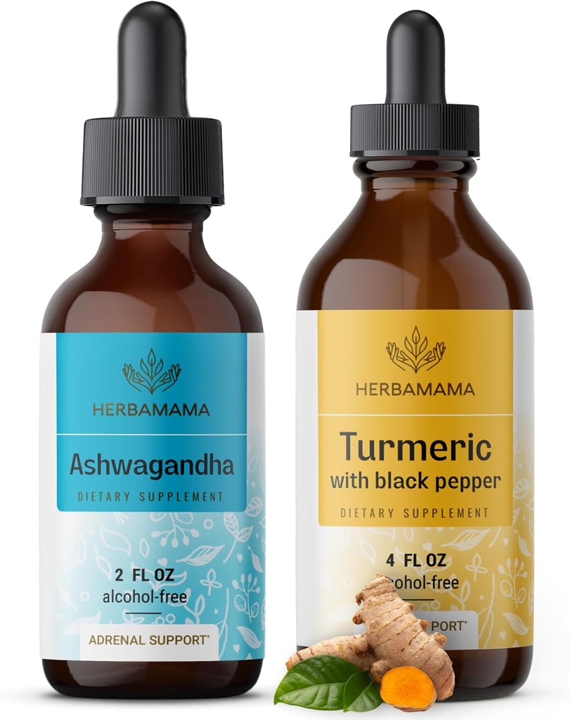 HERBAMAMA Herbal Liquid Drops Kit - Bundle of Ashwagandha juuriuute & Turmeeric Black Pepper Tincture 2 fl oz - Vegaani, ei-muuntogeenisiä, sokeria & alkoholiton - 2 pakkaus