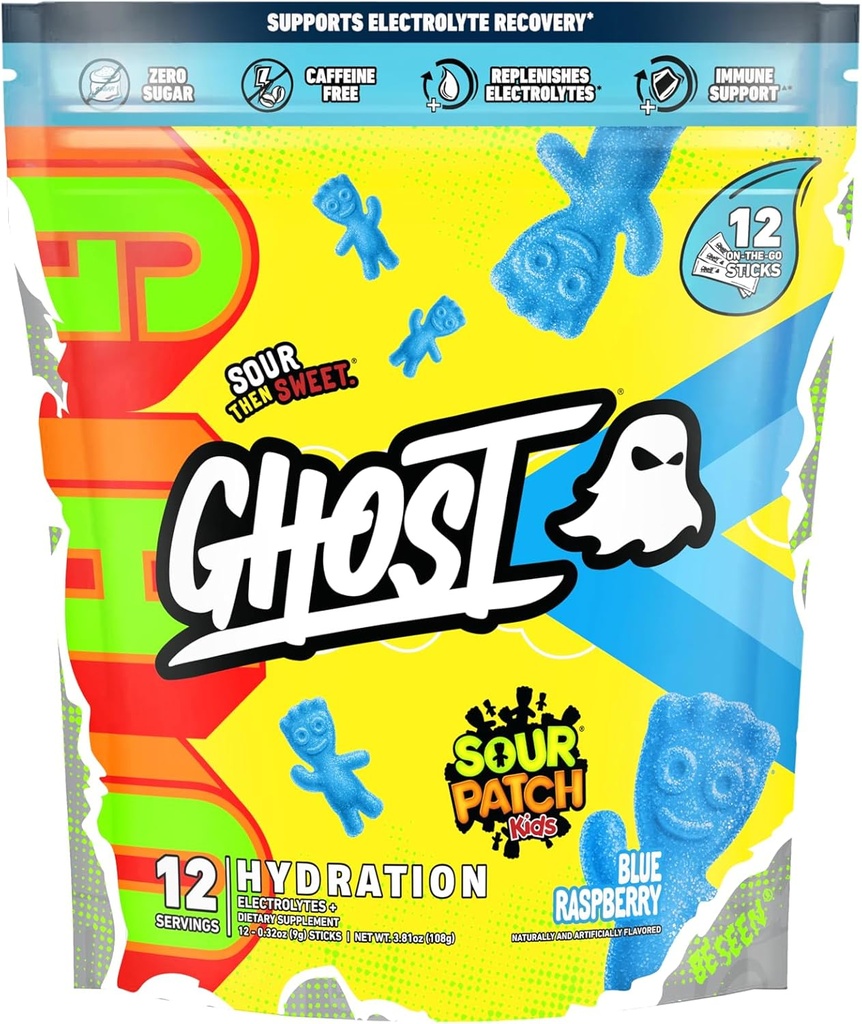 GHOST Hydration Packets, Sour Patch Kids Blue Raspberry, 12 Sticks, Electrolyte Powder - Drink Mix Supplement med Magnesium, Kalcium, Vitamin C - Vegan, fri från Soja, Sugar & Gluten