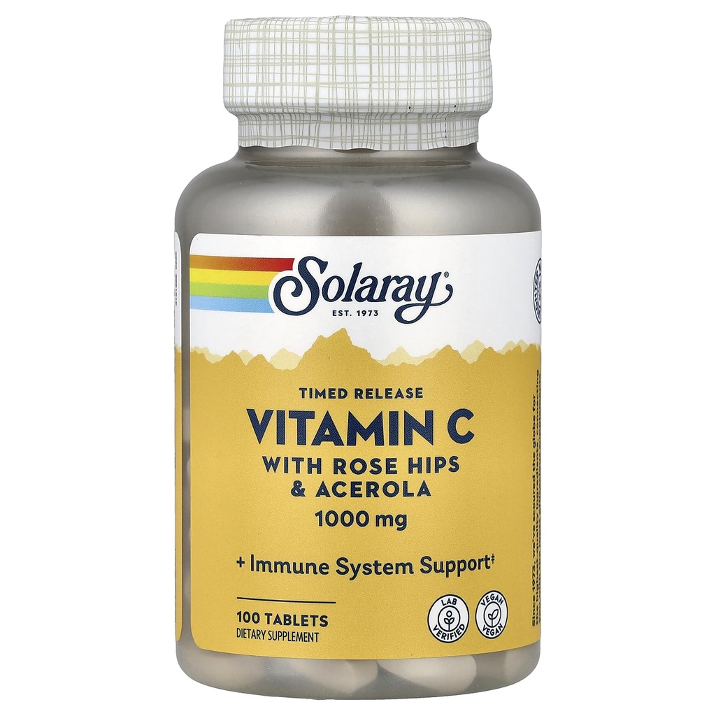 SOLARAY Vitamin C 1000mg Timed Release Capsules med Rose HIPS & Acerola Bioflavonoids, tvåsteg för hög absorption & All Day Immune Function Support, 60 Day Guarantee (100 portioner, 100 tabletter)
