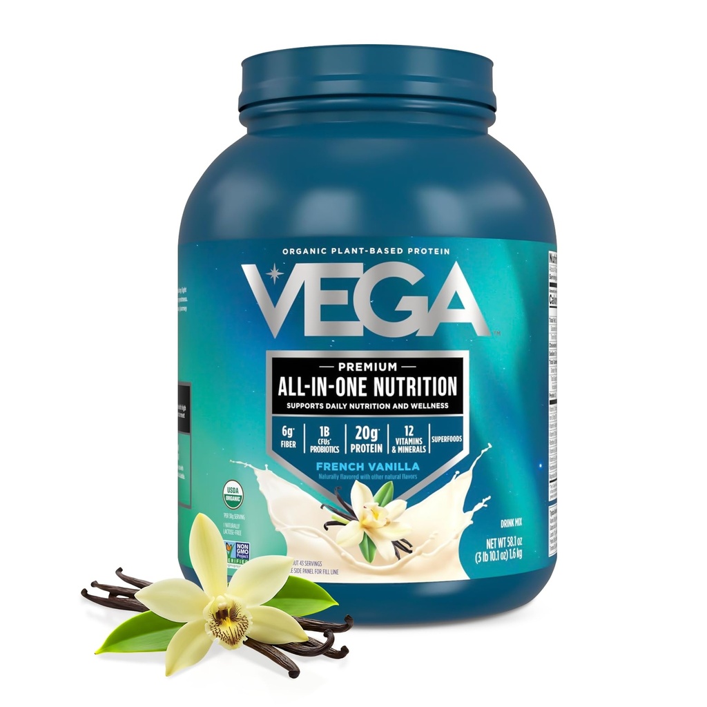 Vega Kaikki in One Nutrition Organic - 20g Kasviperunaproteiini, ranskalainen vanilja, 43 Servings, Vitamiinit A & C, Probiootit, Vihreät, Vegan, Keto, Gluteeniton, 3,63lbs (Pakkaus May Vary)