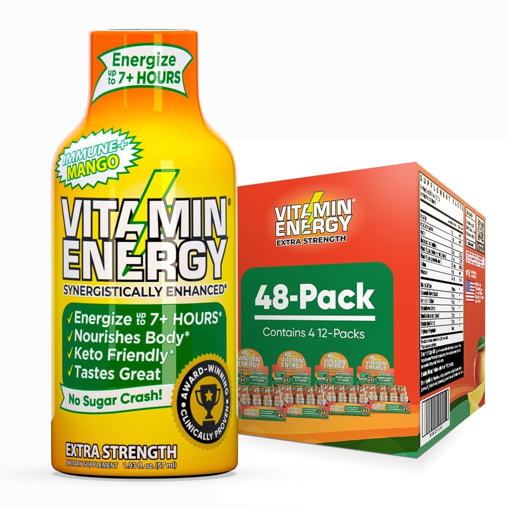 Vitamiini Energia Immuuni+ Extra Strength Energy Shot Mango 48 pakkaus, 260 mg luonnollinen kofeiini, B-vitamiinit, siticoliini, vihreä tee, immuniteetti & Focus tuki, nollasokeri, gluteeniton 1,93 fl oz