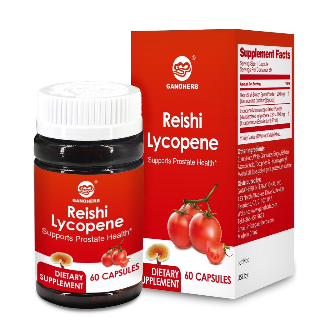 Lycopene Supplement 100mg, luonnollinen tomaattiuute Reishi Mushroom 200 mg, sienikapselin Immuuniterveys, Gluteeniton, ei-GMO, Vegan, 60 nopea julkaisu kapselit