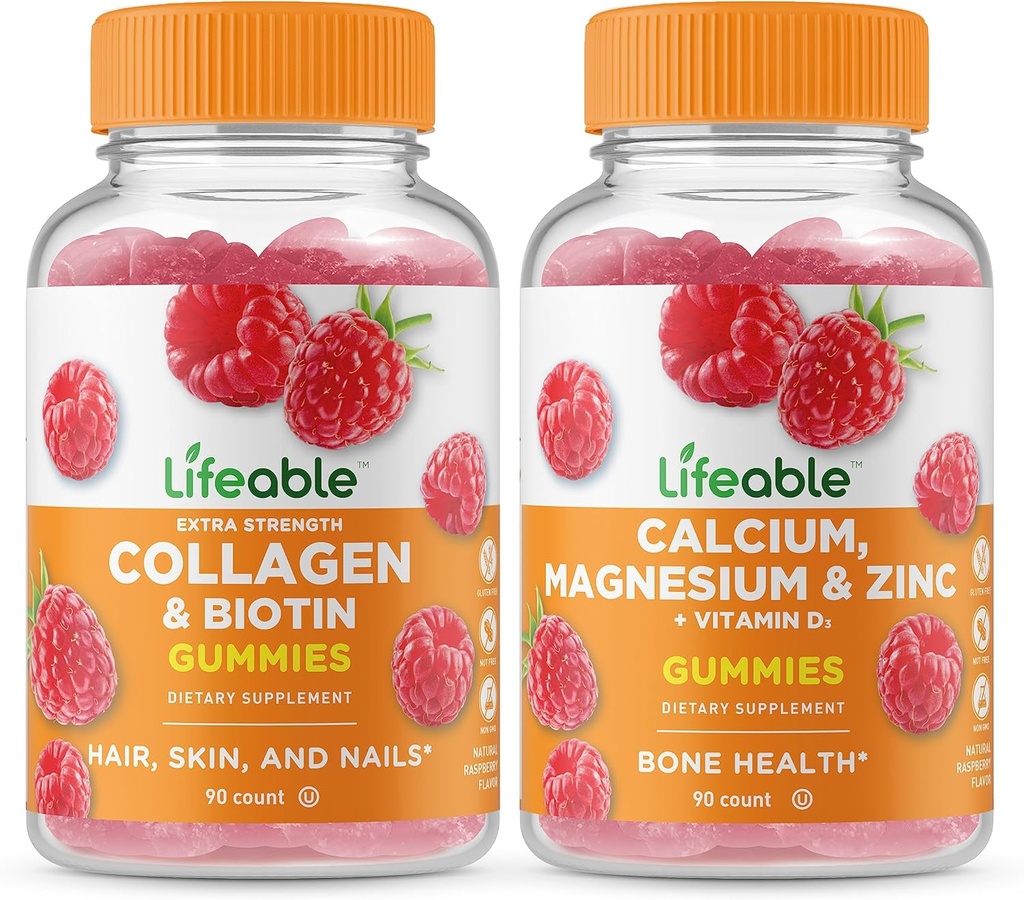 Elinkelpoinen kollageeni ja biotiini + kalsium, magnesium, sinkki ja D-vitamiini, gummiet Bundle - suuri kastike, vitamiinilisä, gluteeniton, GMO:iton, purukumi