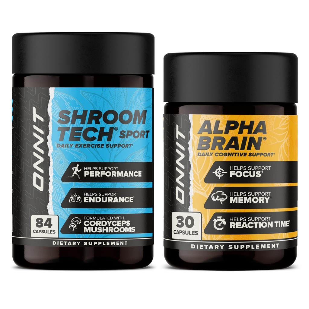 ONNIT Premium Alpha Brain Bundle - Nootropic Brain Supplement (30 Count) for Focus, Keskittyminen & Memory + Shroom Tech Sport for Exercise, Energy & Cardiovascular Performance (84 Count)