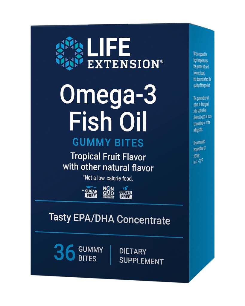 Life Extension Omega-3 Fish Oil Gummy Bites, EPA DHA Fatty syror, högdos EPA DHA Support i en utsökt tuggbar form, icke-GMO, Gluten Free, 36 Gummy Bites