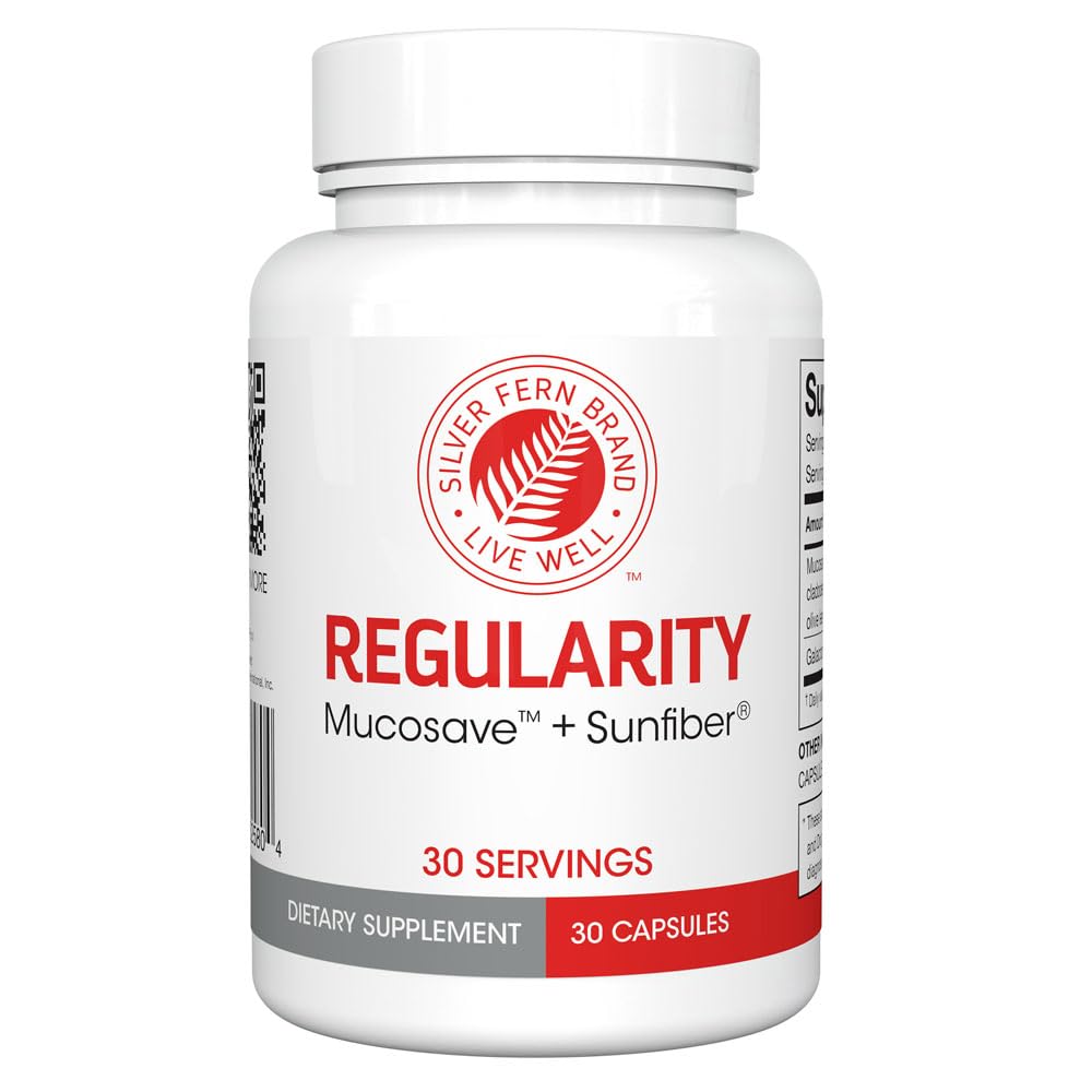 Silver Fern Regularity Digestive Supplement Capsules Brand - 1 flaska = 30 kapslar = 30 dag Supply - Mucosave FG (Prickly Pear Polysaccharides & Olive Leaf Polyphenols) & SunFiber