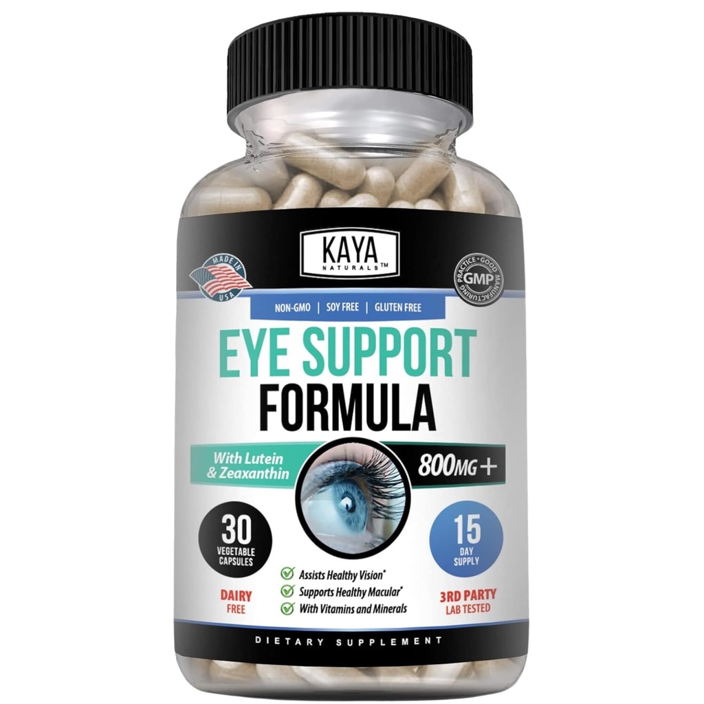Kaya Naturals Eye Health Supplement, Lutein och Zeaxanthin, Vision Health, Eye Strain Support 800 mg Vitamin Supplement 30 kapslar