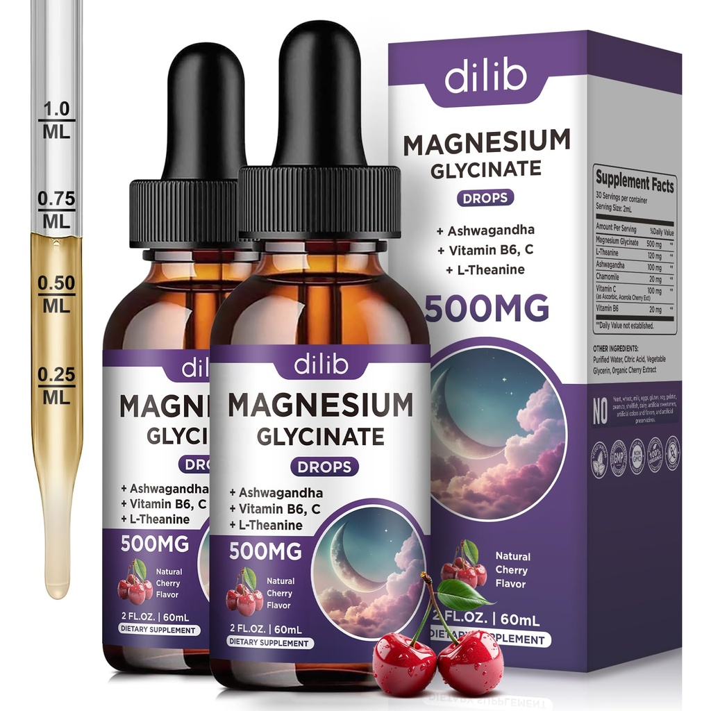(2 pakkaus) Magnesium Glycinate Liquid Drops 500mg, jossa B6-vitamiini, Ashwagandha, L - Theanine, Kamomilla, Magnesium Glycinate Supplement Korkea Imeytyminen unissa, stressi, Energy Mood - Cherry Flavor