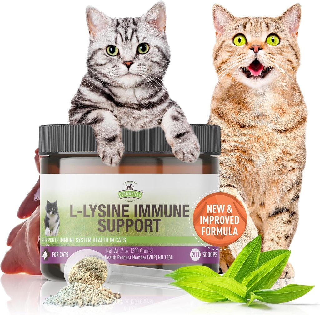 Strawfield Lemmikit L-Lysine Immuunituki kissoille ja pennuille - 200g Kanan Maksa Maku Rakeet Scoop, Immuunin terveys täydentää kissan kylmä helpotus, aivastus, Runsas nenä, Vesisilmät