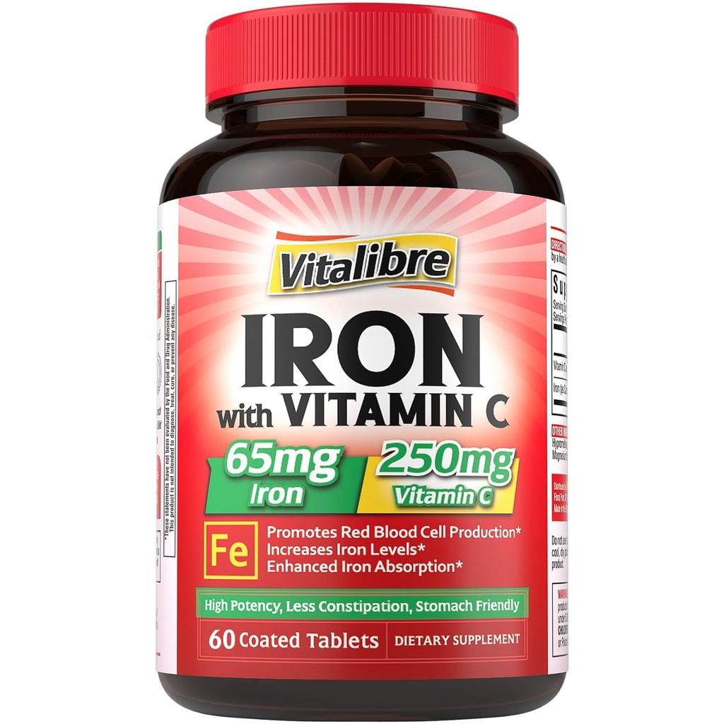 Iron Supplement, 65 mg Carbonyl Silitysrauta 250 mg C-vitamiini, vatsaystävällinen rauta pillereitä verenrakennus naiset ja miehet, korkea absorptio, ei pahoinvointi, ei ummetus, ei-GMO, ei gluteenia, 60 Vegaani Tabs