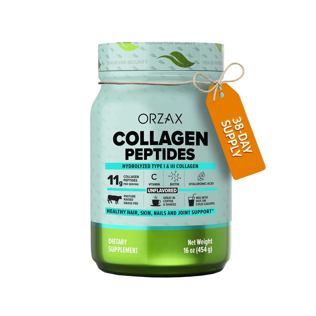 ORZAX Collagen Peptides Powder - 11 g Kollageeni tyyppi I & III, biotiini- ja hyaluronihappo, 16 oz (ei maustettu)