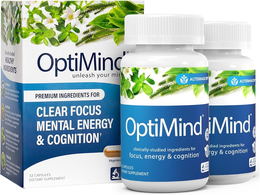 Optimind Bacopa Monnieri Brain Supplement for Memory and Focus, Nootropic with Fosfatidylserine, Huperzine A, Non-GMO, Kliinisesti tutkittu Ingredients, 64 kapselia