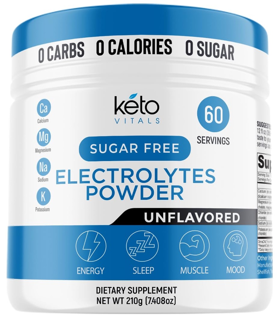 Keto Vitals Mautonta Elektrolyyttijauhetta Keto- ystävällistä elektrolyyttejä kaliumin, magnesiumin, natriumin, kalsiumin kanssa.