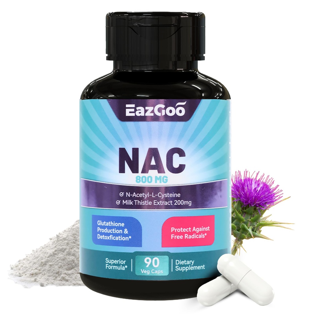 NAC Supplement, N-Acetyl Cysteine Capsules 800mg, N-Acetyl Supplement Milk Thistle 200mg, Antioksidantti tuki, vegan, GMO-vapaa, NAC 90 Count (Pakkaus 1)