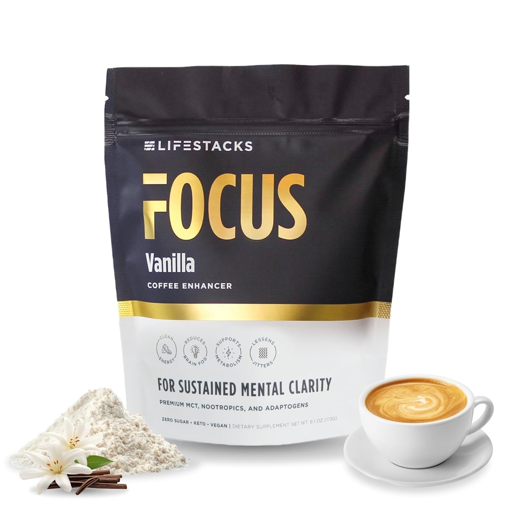 Focus Coffee Creamer for Energy & Clarity - MCT Powder + Nootropic + Adaptogens - Tehostaa tuottavuutta ilman Jitters tai Crash - Keto, Vegan, 0 sokeria - kanssa Tauriini, L-tyrosiini, rhodioli