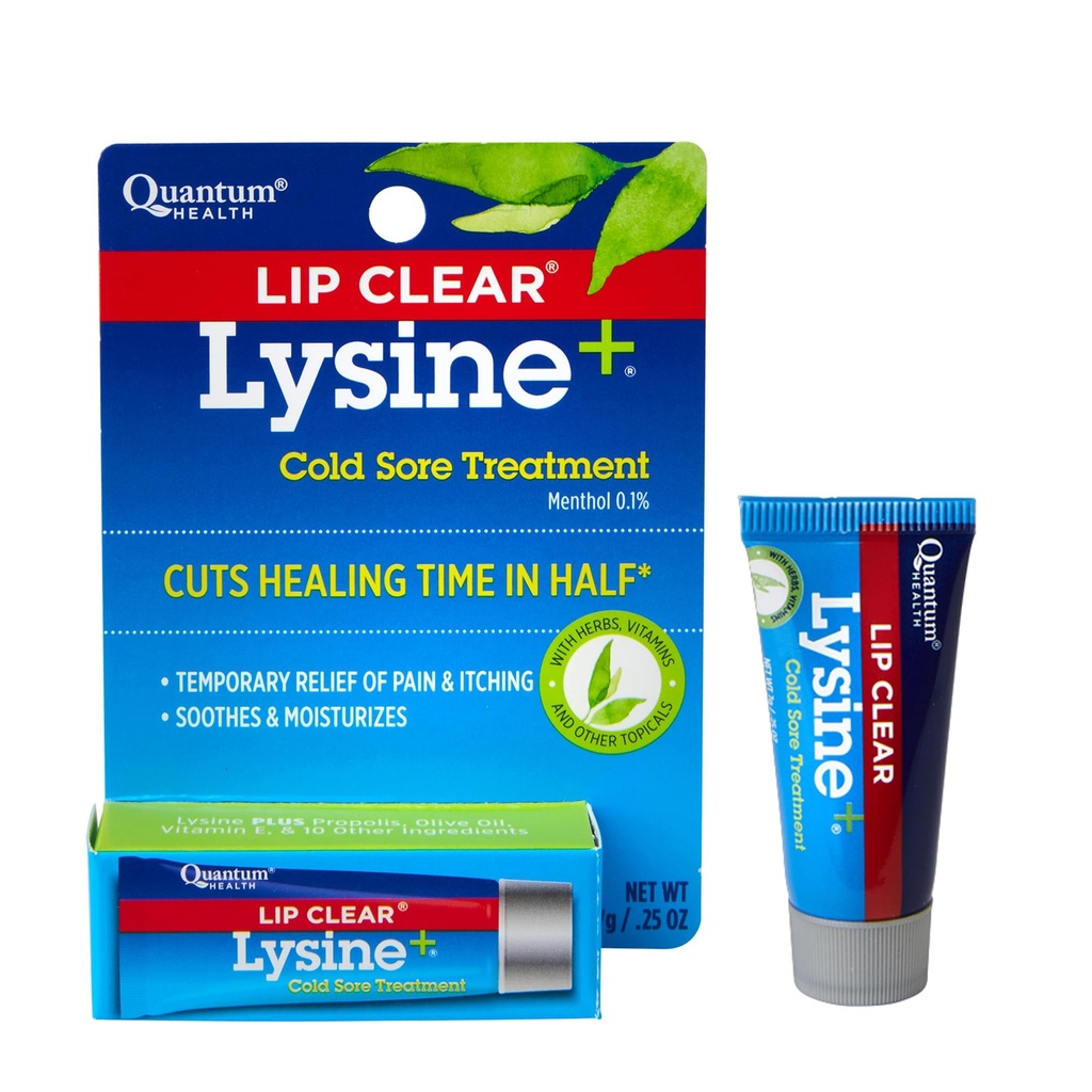 Quantum Health Lip Clear Lysine+ Cold Sore Treatment Soothe & Moisturize Mouth Shores - L-Lysine Menthol Calendula & Propolis Voide - Läpinäkyvä kuume läpipainopakkaus Healing Balm - 0.25 Oz