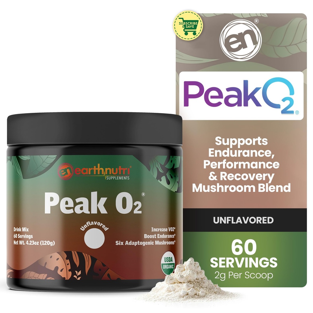 EarthNutri PeakO2 Treenaus täydennysosa - Sieni täydentää ennen harjoittelua Endurance & Atleettinen suorituskyky ... Ei lisäaineita, ei täyteaineita... tukee kestävyyttä, voimaa & Recovery - 60 palvelinta