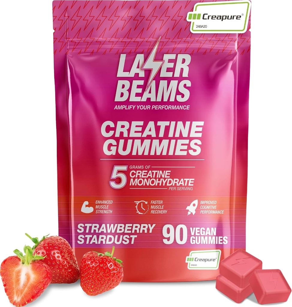 Kreatinmonohydrat Gummies - 5g Creapure Creatine per portion - Vegan - Boost Muscle Strength, Endurance, Recovery & Mental Focus - 90 Gummies, Gluten-Free (Strawberry)