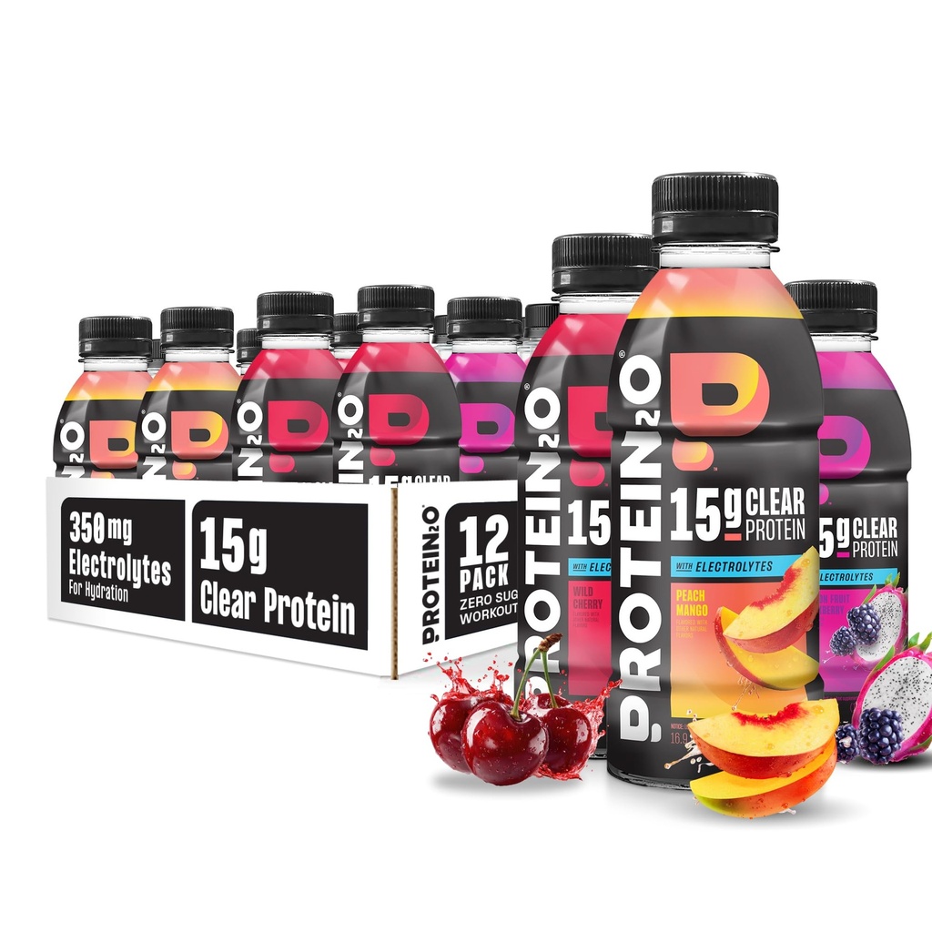 Protein2o Hydration Drink - 2-in-1 Liquid Clear Whey Protein Isolate ja Electrolyte Drink - 15g Protein, Vitamiinit B5, B6 - Post-workout Recovery - 16,9 Fl Oz - 12 Count Flavor Fusion Variation Pack