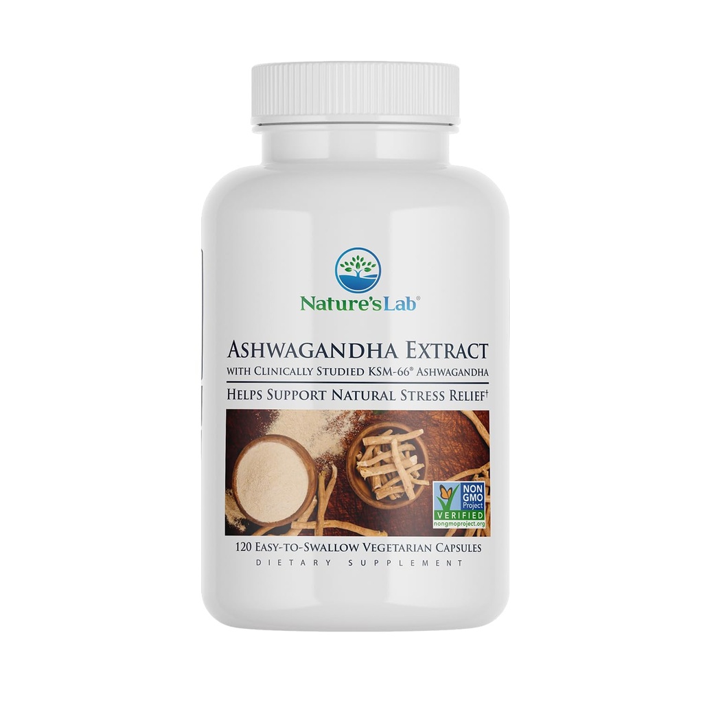 Nature's Lab Extra Strength Ashwagandha KSM 66 Extract - 5% Withanolides, Pure Organic Ashwagandha Root Powder - tukee stressin lievitystä, keskittymistä ja voimaa tukea* - 120 Ct (60 päivän tarjonta)