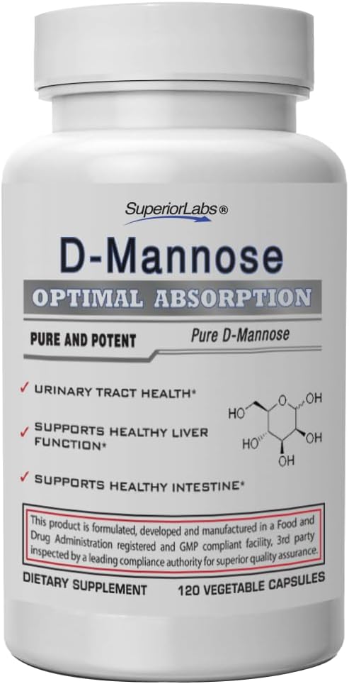 Superior Labs D- Mannose 500 mg, puhdas ei- GMO- optimaalinen imeytyminen Prebiootti, virtsatie, virtsarakon ja munuaisten UTI- tuki, digestiivinen ja maksan terveysapu, IC Relief for Women & Men, 120 Veg Caps