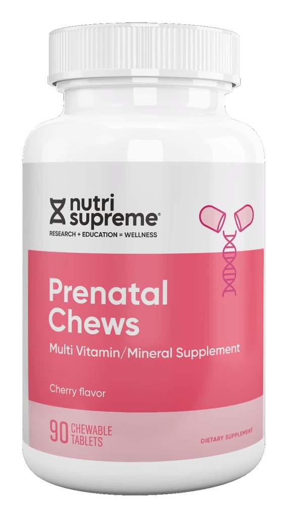 Nutri Supreme Prenatal -vitamiini, pureskeltavat prenataalivitamiinit naisille, joilla on 800 MCG Folaattia, Täydellinen raskaus Monivitamiinia rautaa, Kosher, Cherry Flavor, 90