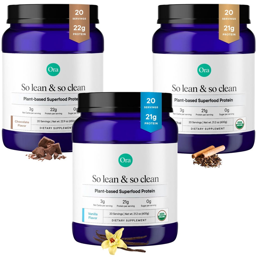 Ora Organic Protein Powder Vanilla, Chocolate & Vanilla Chai Bundle: 21g Plant Based, Vanilla, Vanilla Chai, 20 Servings + 22g Plant Based, Chocolate, 20 Servings