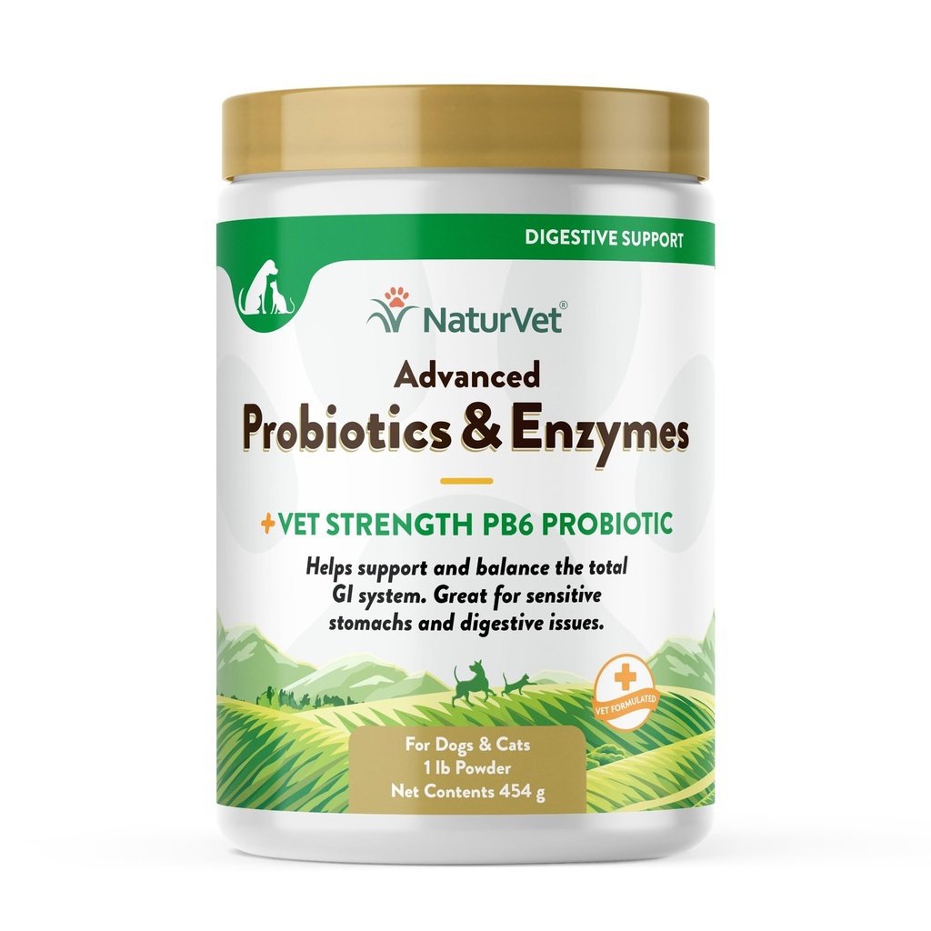 NaturVet - Advanced Probiotics & Enzymes - Plus Vet Strength PB6 Probiotic | Stöder och Balanser Husdjur med känsliga magar & Digestive Issues | för hundar och katter (1 lb)