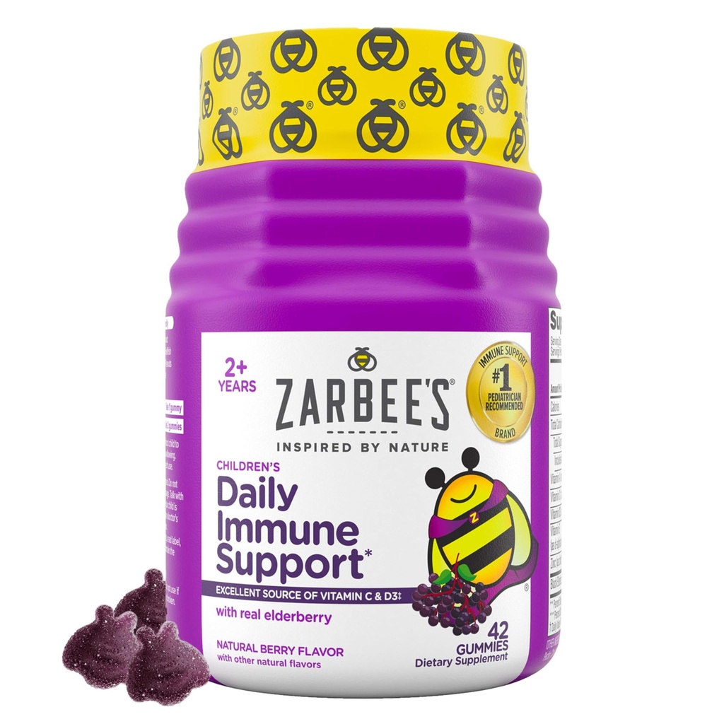 Zarbee's Kids Elderberry Immune Support Supplement Gummies, Vitamins A C D3 E & Zink, Elderberry Extract, Gluten & Gelatin Free, No Artificial Flavors, Natural Berry Flavor, Ålder 2 +, 42 Ct