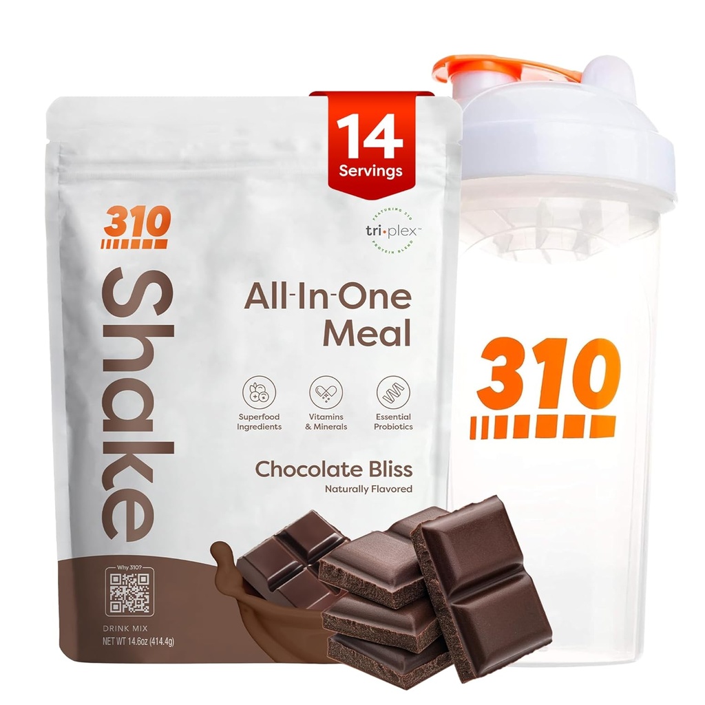 310 Nutrition All-in-One Meal Replacement Shake Powder w/Shaker Cup Starter Kit - High Protein Fiber Rich Vegan Superfood Blend - Sokeriton, Keto & Paleo Friendly, Low Carb - Chocolate Bliss 14 srv