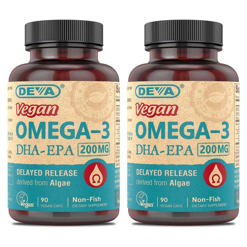 Deva Vegan Omega-3 DHA-EPA, Micro Algae, Viivästynyt julkaisu, 90 vegaaninen kapseli (Pakki 2)