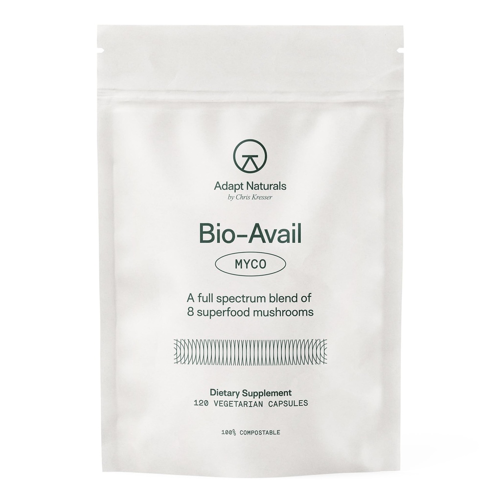 Adapt Naturals Bio-Avail Myco - 8-in-1 Biosablet Mushroom Supplement Mushroom Complex - Chaga, Cordyceps, Reishi, Lions Mane - Verenpaine, muisti, Immuuni - 120 kapselia