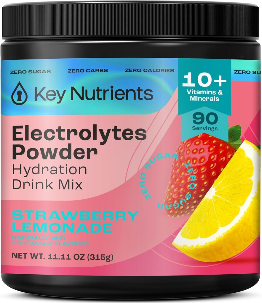 KEY NUTRIENTS Electrolytes Powder No Sugar - Juicy Strawberry Lemonade Electrolyte Powder - Hydration Powder - Inga kalorier, Gluten Free Keto Electrolytes Powder - 90 portioner - Made in USA