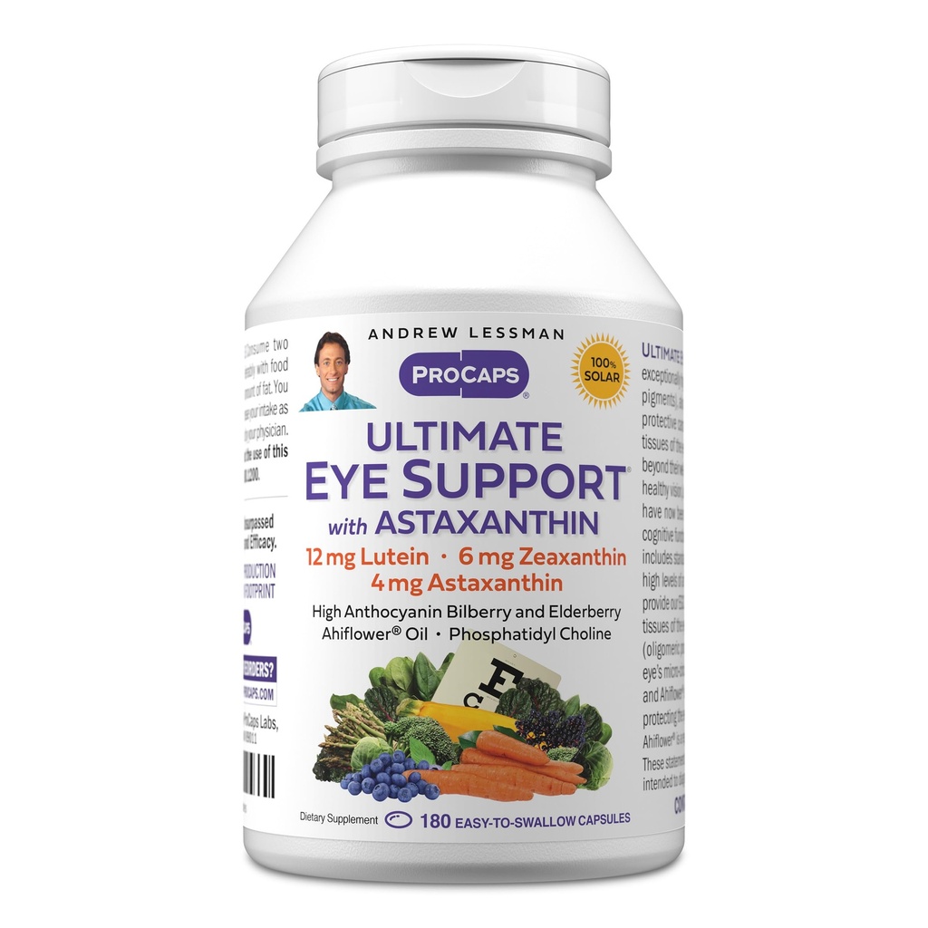 ANDREW LESSMAN Ultimate Eye Support with Astaksantiini 180 Softgels - 12 mg Lutein, 6 mg Zeaksantiini, 4 mg Astaksantiini, Mustikka. Avainravinteet silmien terveyden tueksi, terveen vision edistäminen. Ei lisäaineita