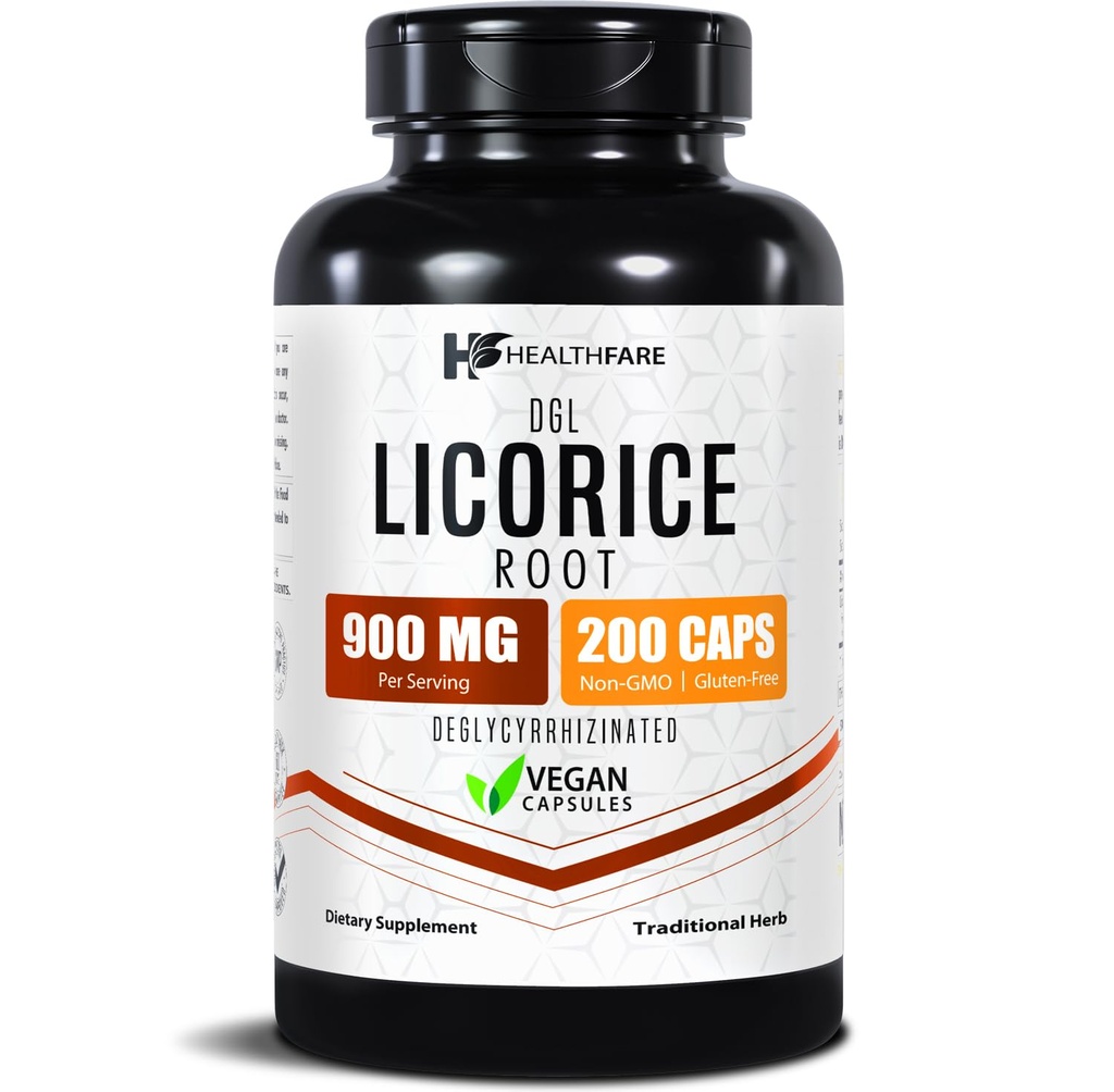 Healthfare Licorice Root Extract 900mg | 200 Vegan Capsules DGL Supplement | Extra Strength Herbal Formel | Non-GMO, Gluten-Free | Made in USA