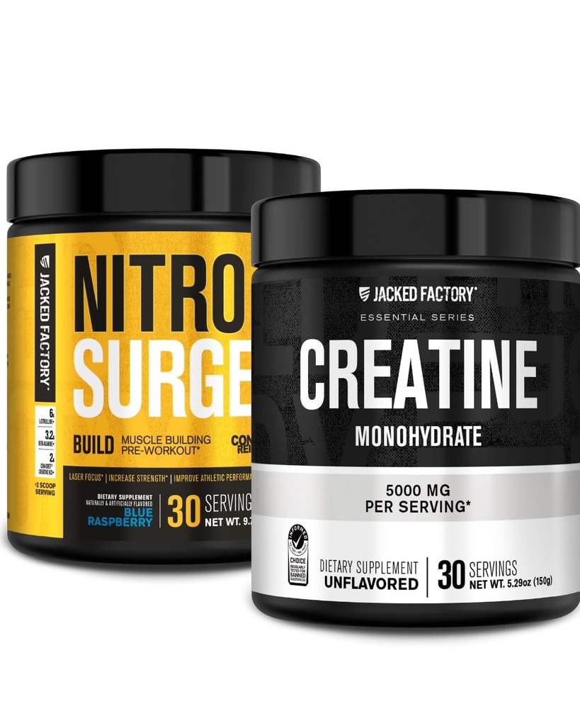 Jacked Factory Nitrosurge Build Pre workout kanssa Creatiini lihas Building (30 tarjoilua, sininen vadelma) & Creatiini Monohydraatti Powder for Muscle Growth & Recovery (30 tarjoilua, makuamaton)