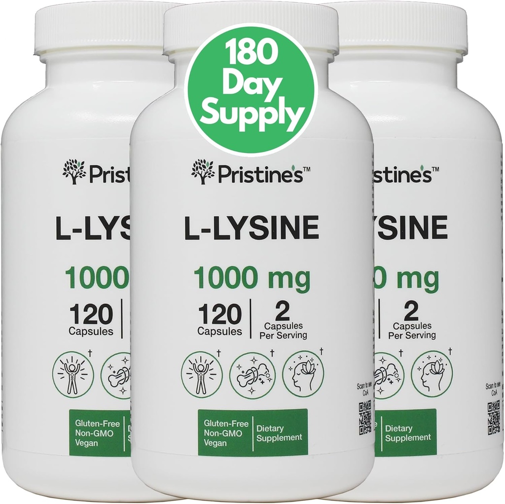 PRISTINE L Lysine 1000mg (3 Pack) Lip & Gum Health Essential Amino Acid Immunity Support Supplement Capsules -180 Day Supply Muscle & Tissue Support - Collagen Production - Vegan Gluten Free Non GMO