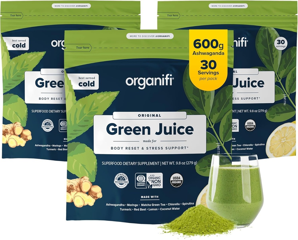 Organifi Green Juice - Organic Superfood Powder - 90 päivän toimitus - Organic Vegan Greens - auttaa vähentämään Cortisol - Tarjoaa paremman vasteen stressiin - tukee painonhallinta - Yhteensä kehon hyvinvointi