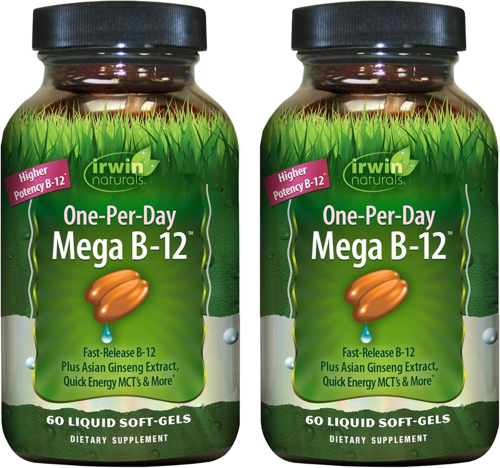 Irwin Naturals One-per-Day Mega B-12 1 500 mcg High Potency Metyylikobalamiini Vitamiini - Nopea tehostettu imeytyminen MCT + Aasian Ginseng - Natural Energy Boost - 60 Liquid Softgels (paketti 2)