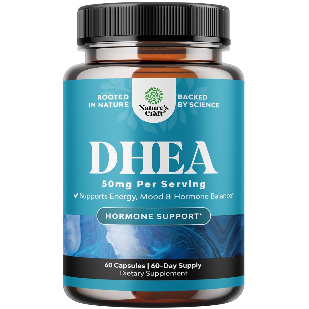 DHEA Supplement för kvinnor och män - Ren DHEA 50mg för hormonbalans, förbättrar humörstabilitet, hjärnfunktion, immunsystem, energi och fertilitet - Dehydroepiandrosteronkapslar för vuxna - 60 Ct