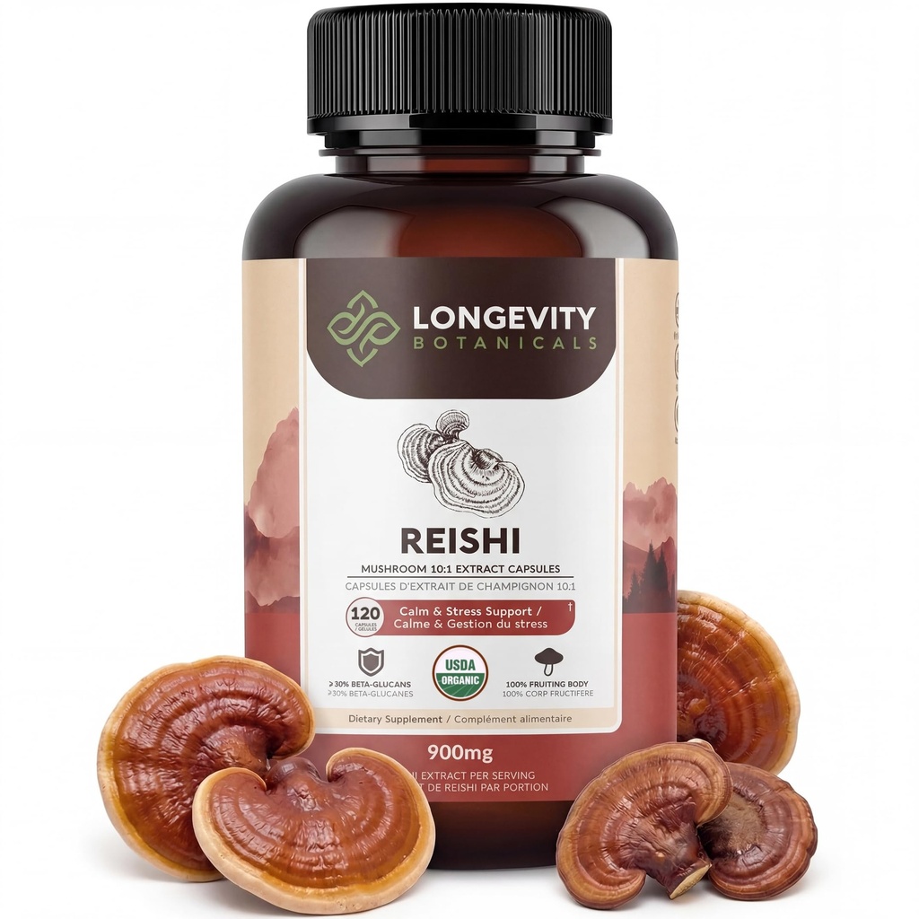 Organic Reishi Mushroom Capsules Supplement (120) | Pure Fruiting Body 10:1 High Strength Extract | 30% Beta-D Glucans | 9.000mg Raw Equivalent Per Serving | Lugn, Sömn & Stress Support