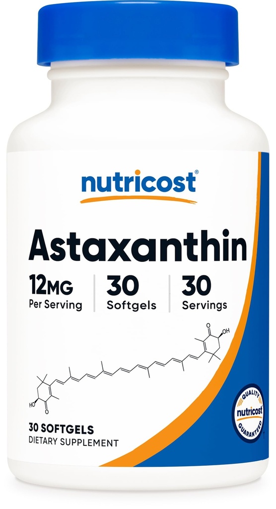 Nutricost Astaksantiini 12 mg, 30 Softgeliä - ei-muuntogeeniset organismit ja gluteeniton