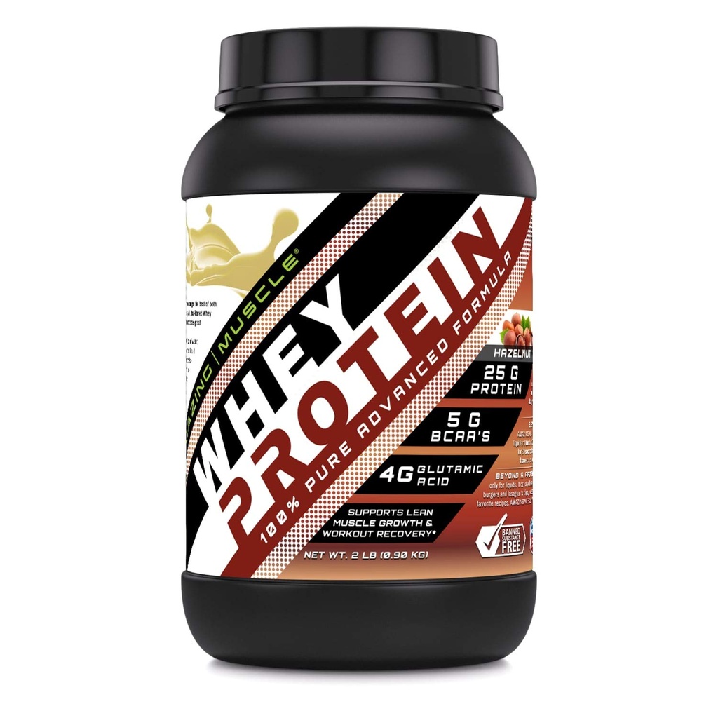 Amazing Muscle Whey Protein Isolate & Concentrate 25 G per Servering Supplement | Hazelnut Flavor | 2 Lb (0,90 Kg) | Non-GMO | Gluten-Free